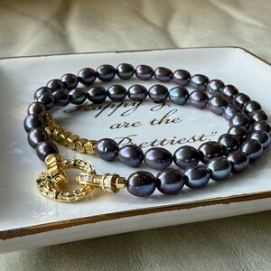 Dyed Gray & Black Freshwater Pearl Necklace with Gold Snake Clasp • Multi-Wear
